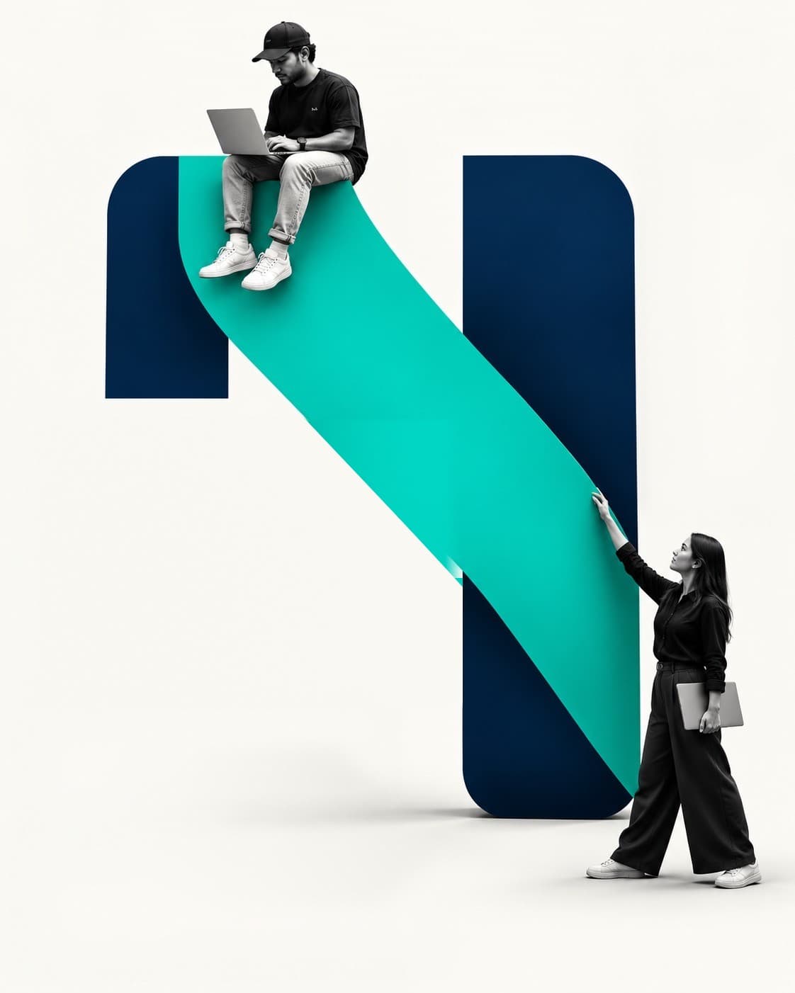 A giant navy and teal letter N with people working around it